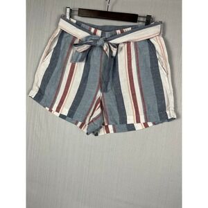 LOFT Womens M Linen Blend Shorts Blue Red Striped Tie Waist Casual Coastal